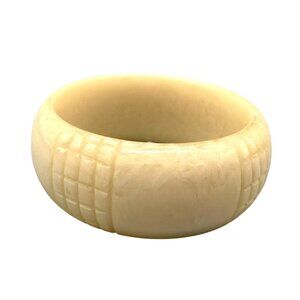 Vintage Cream Resin Carved Bangle Bracelet Chunky Wide Statement Geometric